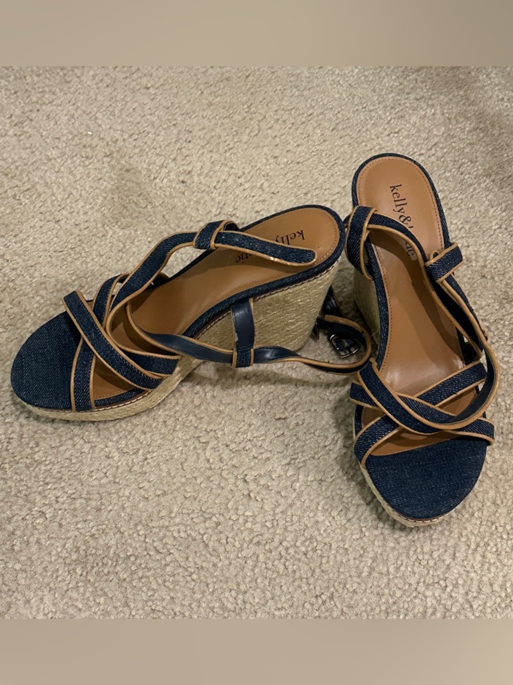 Kelly & Katie Dark Blue Denim Wedge Sandals with Tan Trim